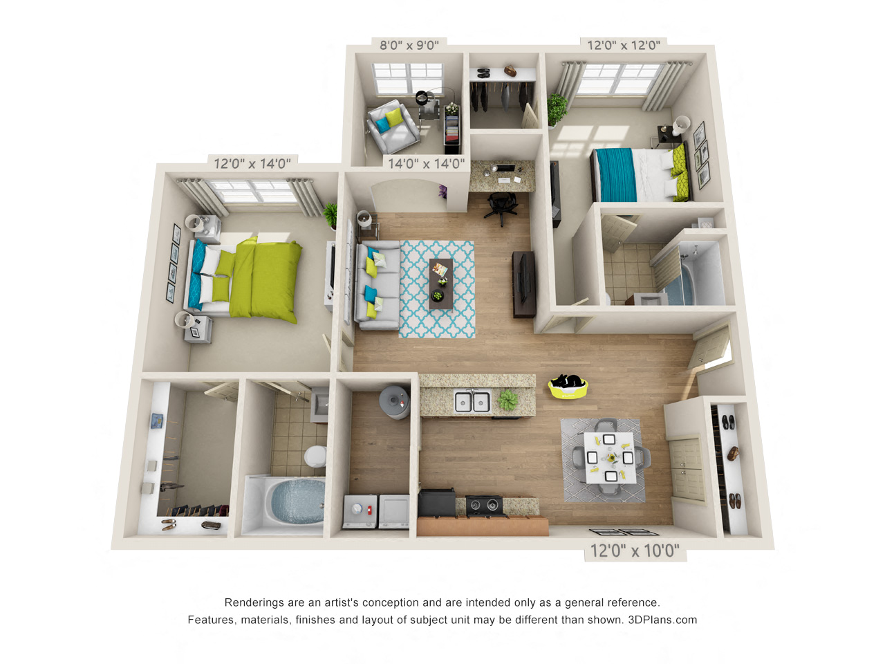 Floor plan for 2 beds, 2 baths, 1250 sqft
